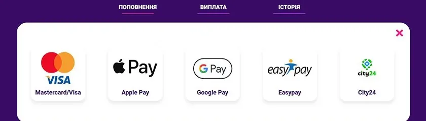 Панель каси Cosmolot з платіжними методами для першого депозиту